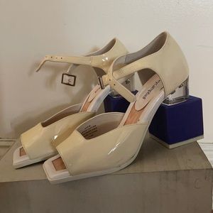 Jeffrey Campbell Blue and Ivory square chunky heel